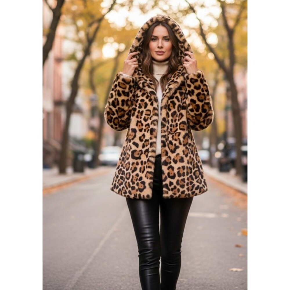 DESIGNER RTA ANIMAL PRINT RABBIT FUR HOODED LONG SLEEVE MIDI LENGTH SIZE XSMALL